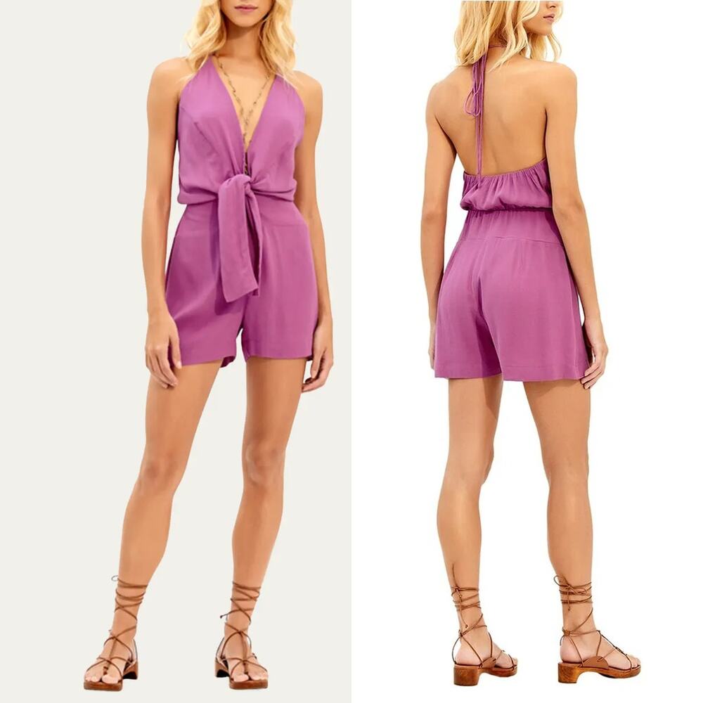 ViX Mindy Mini Romper Cover Up Lotus Purple Halter Blouson Tie Front SZ S NWOT